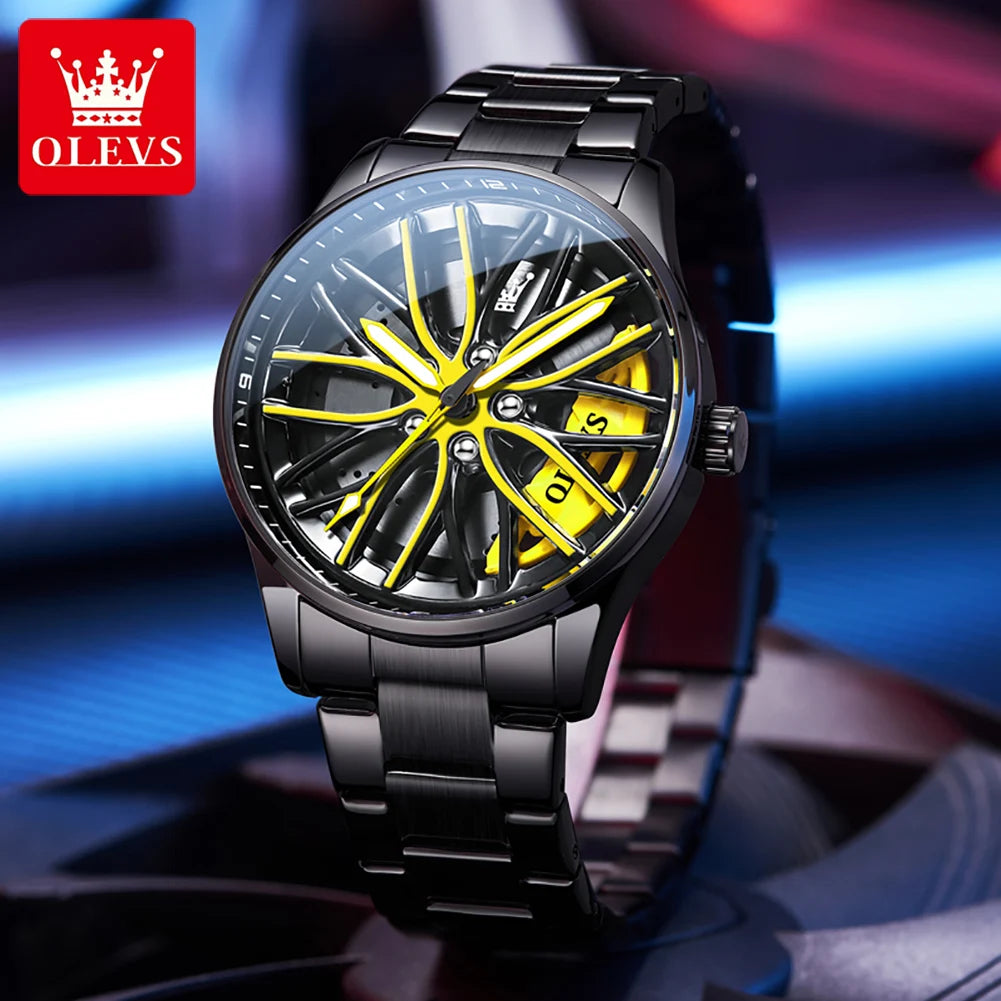 OLEVS Reloj Deportivo para Hombre – Estilo Rueda de Auto 360°, Acero Inoxidable, Resistente al Agua, Cuarzo de Alta Precisión