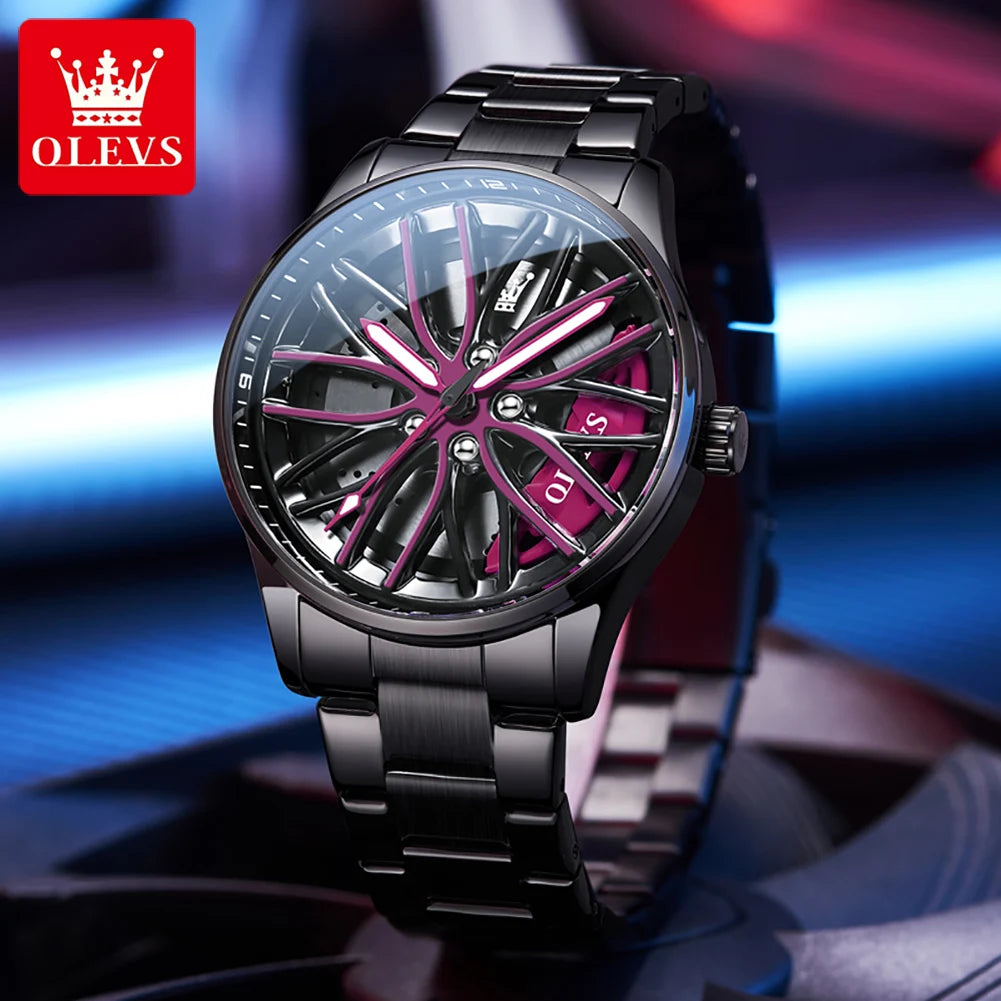 OLEVS Reloj Deportivo para Hombre – Estilo Rueda de Auto 360°, Acero Inoxidable, Resistente al Agua, Cuarzo de Alta Precisión