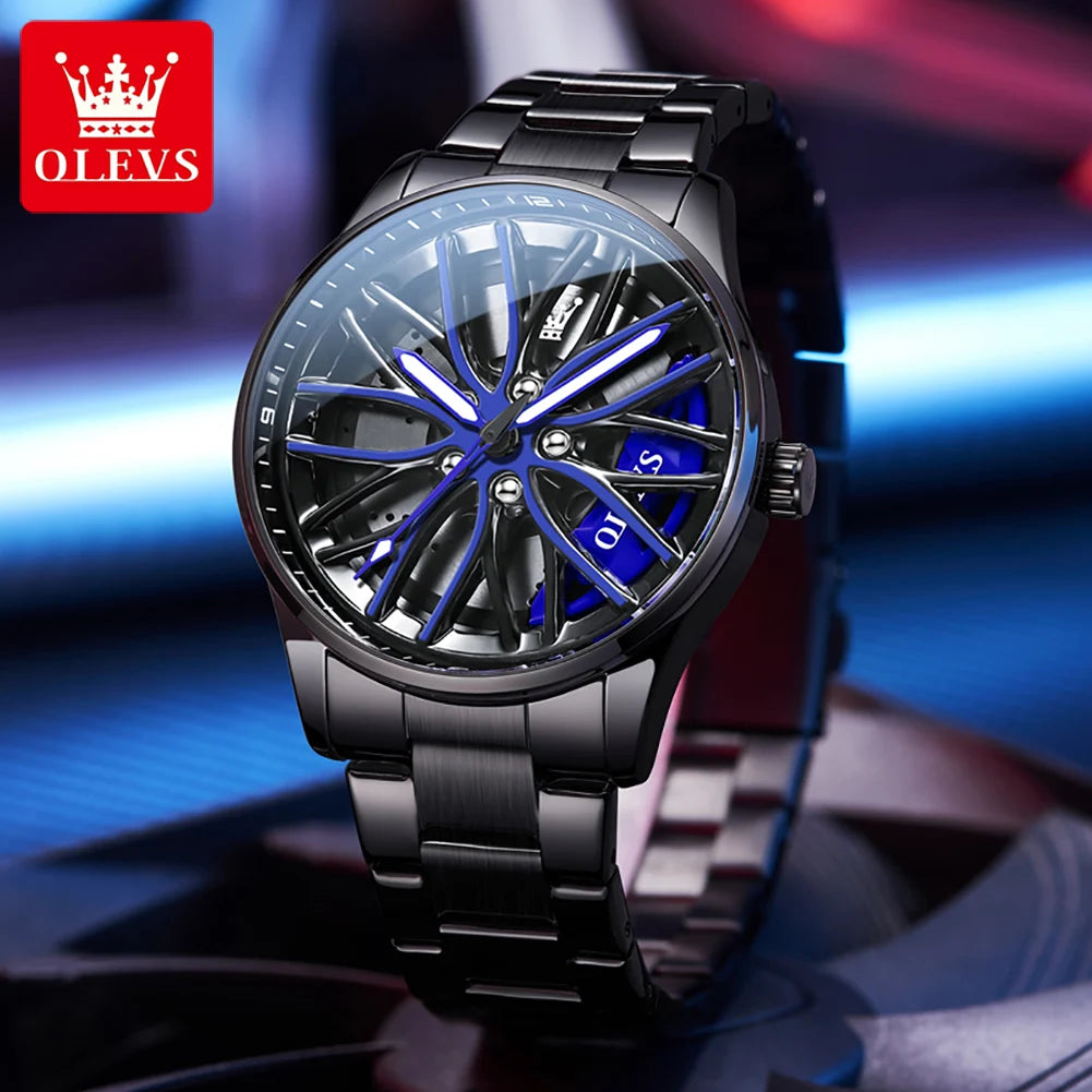 OLEVS Reloj Deportivo para Hombre – Estilo Rueda de Auto 360°, Acero Inoxidable, Resistente al Agua, Cuarzo de Alta Precisión