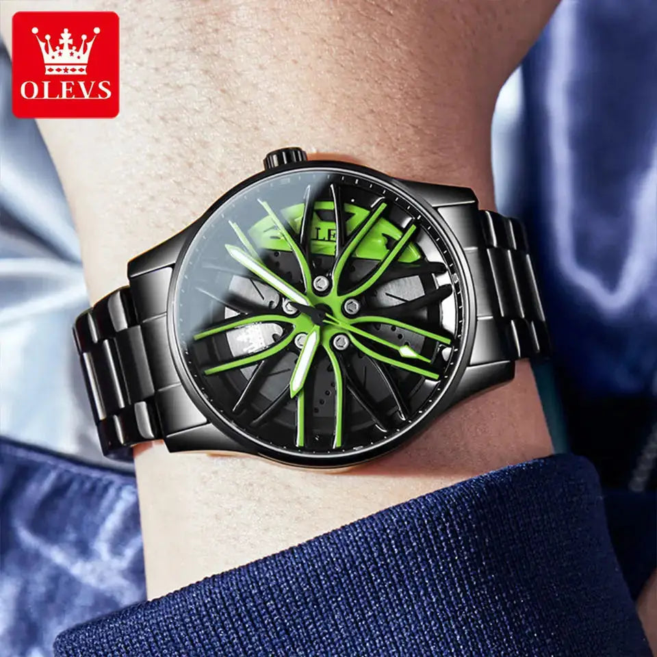 OLEVS Reloj Deportivo para Hombre – Estilo Rueda de Auto 360°, Acero Inoxidable, Resistente al Agua, Cuarzo de Alta Precisión