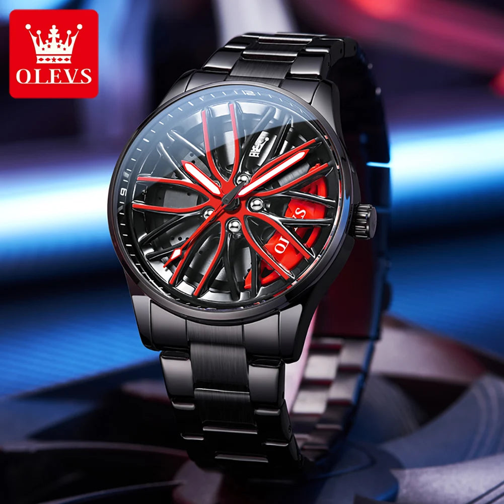 OLEVS Reloj Deportivo para Hombre – Estilo Rueda de Auto 360°, Acero Inoxidable, Resistente al Agua, Cuarzo de Alta Precisión