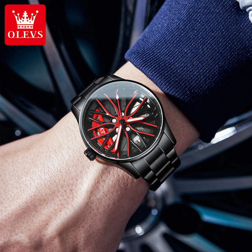 OLEVS Reloj Deportivo para Hombre – Estilo Rueda de Auto 360°, Acero Inoxidable, Resistente al Agua, Cuarzo de Alta Precisión