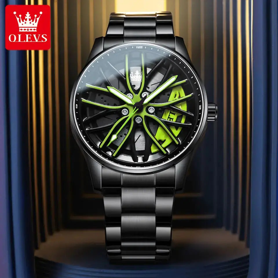 OLEVS Reloj Deportivo para Hombre – Estilo Rueda de Auto 360°, Acero Inoxidable, Resistente al Agua, Cuarzo de Alta Precisión