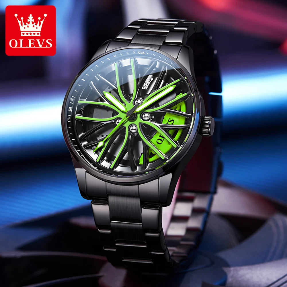 OLEVS Reloj Deportivo para Hombre – Estilo Rueda de Auto 360°, Acero Inoxidable, Resistente al Agua, Cuarzo de Alta Precisión