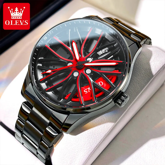 OLEVS Reloj Deportivo para Hombre – Estilo Rueda de Auto 360°, Acero Inoxidable, Resistente al Agua, Cuarzo de Alta Precisión