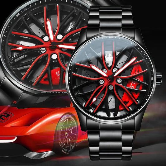 OLEVS Reloj Deportivo para Hombre – Estilo Rueda de Auto 360°, Acero Inoxidable, Resistente al Agua, Cuarzo de Alta Precisión